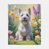 スカイテリア 犬 春の花 絵画 フリースブランケット (正面)