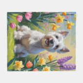 スカイテリア 犬 春の花 絵画 フリースブランケット (正面(横))
