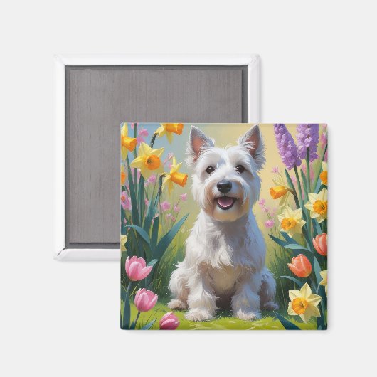 スカイテリア 犬 春の花 絵画 マグネット (正面/裏面)