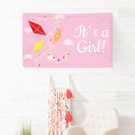 スカイピンクの凧ガールベビーシャワー 横断幕 (インサイチュ)