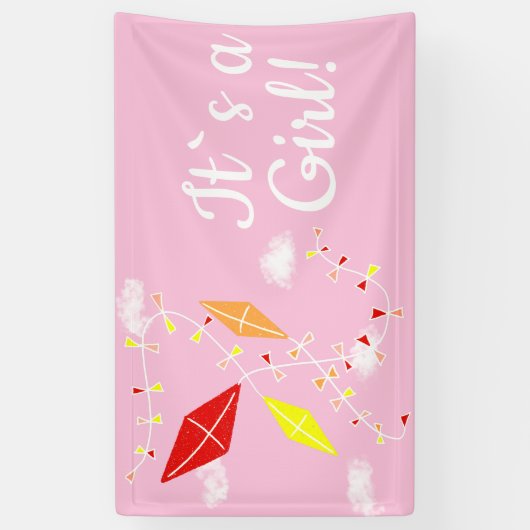 スカイピンクの凧ガールベビーシャワー 横断幕 (縦)