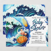 スカイブルーお洒落ウェーブベビーシャワー 招待状 (正面/裏面)
