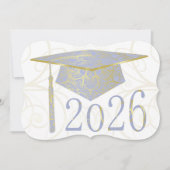 スカイブルーとゴールドのフラワーキャップ 2026年卒業パーティー 招待状 (正面)