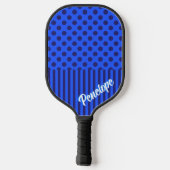 スカイブルーとネイビーブルーの水玉模様とストライプ ピックルボールラケット (裏面)