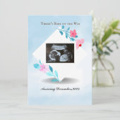 スカイブルーとフレーム付きベビー超音波写真 案内状 (スタンド正面)