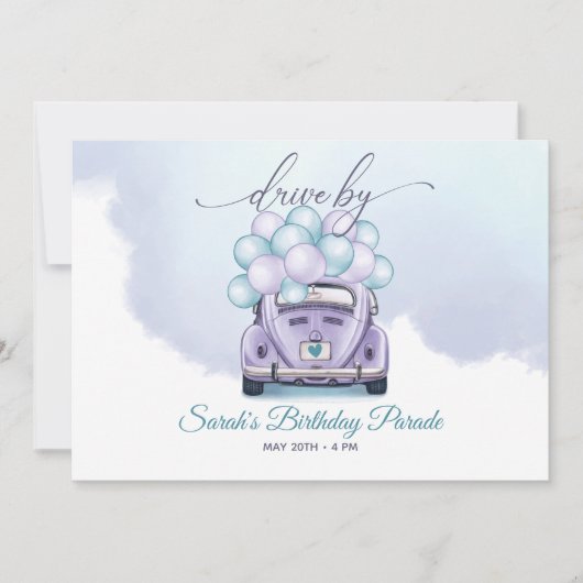 スカイブルーと薄紫サプライズドライブバイ誕生日 招待状 (正面)