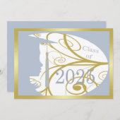 スカイブルーと金ゴールドシルエット2025卒業パーティー 招待状 (正面/裏面)