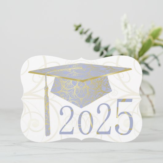 スカイブルーと金ゴールドフローラキャップ2025卒業パーティー 招待状 (スタンド正面)