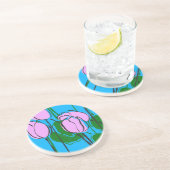 スカイブルーにピンクのチューリップを手描き コースター (側面)