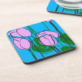 スカイブルーにピンクのチューリップを手描き コースター (左側)