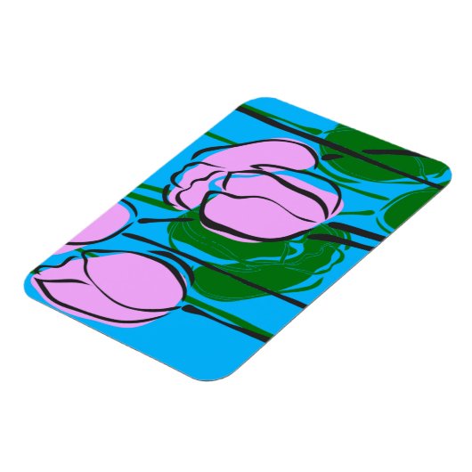 スカイブルーにピンクのチューリップを手描き マグネット (左側)