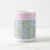 スカイブルーにピンクのリンゴの花、名前はピンクバンド コーヒーマグカップ (中央)