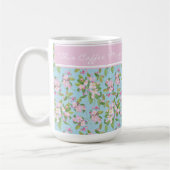 スカイブルーにピンクのリンゴの花、名前はピンクバンド コーヒーマグカップ (左)