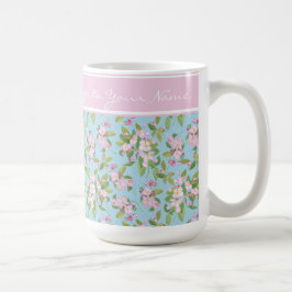 スカイブルーにピンクのリンゴの花、名前はピンクバンド コーヒーマグカップ