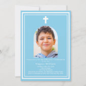 スカイブルーのアーチ写真の少年ファースト・ホーリー・コミュニオン 招待状 (正面)