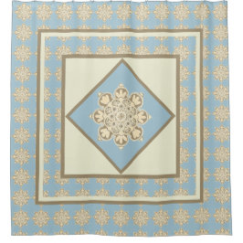 スカイブルーのシャワーカーテンクリームメダリオン シャワーカーテン