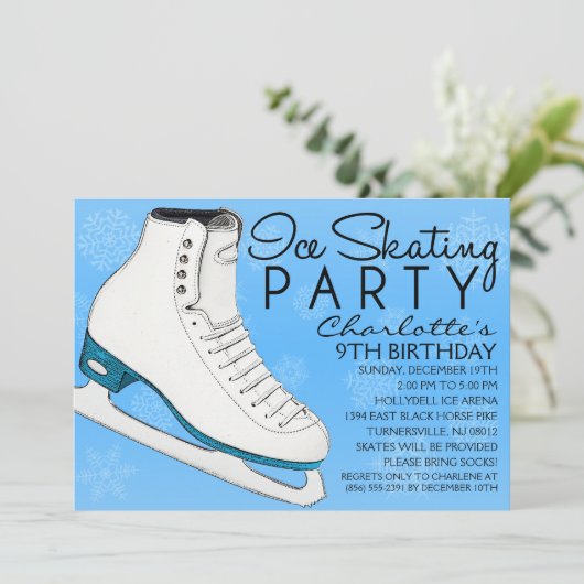 スカイブルーのスケートの仲間のアイススケートの誕生会 招待状 (スタンド正面)
