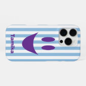 スカイブルーのストライプ かわいい パープルのスマイル iPhoneケース (裏面横)