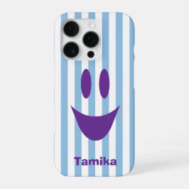 スカイブルーのストライプ かわいい パープルのスマイル iPhone 16 PROケース