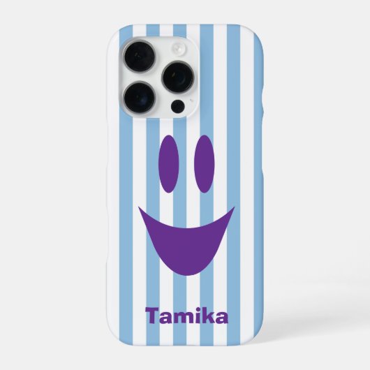 スカイブルーのストライプ かわいい パープルのスマイル iPhoneケース (裏面)