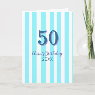 スカイブルーのストライプ 50歳の誕生日 名前 日付 シンプル カード