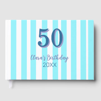 スカイブルーのストライプ 50歳の誕生日 名前 日付 シンプル ゲストブック