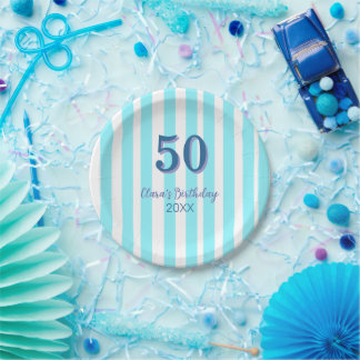 スカイブルーのストライプ 50歳の誕生日 名前 日付 シンプル ペーパープレート