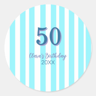 スカイブルーのストライプ 50歳の誕生日 名前 日付 シンプル ラウンドシール
