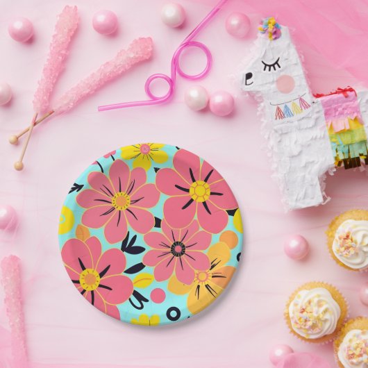 スカイブルーのピンクと黄色の花 – ドーパミンスタイル ペーパープレート (パーティー)