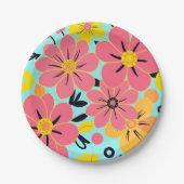 スカイブルーのピンクと黄色の花 – ドーパミンスタイル ペーパープレート (正面)