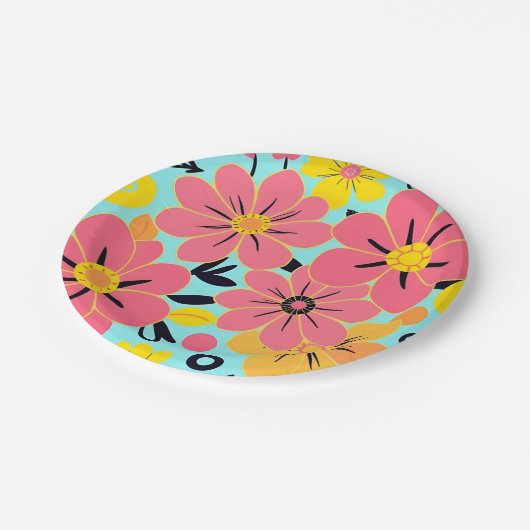 スカイブルーのピンクと黄色の花 – ドーパミンスタイル ペーパープレート (アングル)