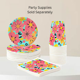 スカイブルーのピンクと黄色の花 – ドーパミンスタイル ペーパープレート