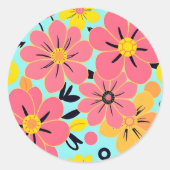 スカイブルーのピンクと黄色の花 – ドーパミンスタイル ラウンドシール (正面)