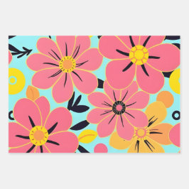 スカイブルーのピンクと黄色の花 – ドーパミンスタイル ラッピングペーパーシート