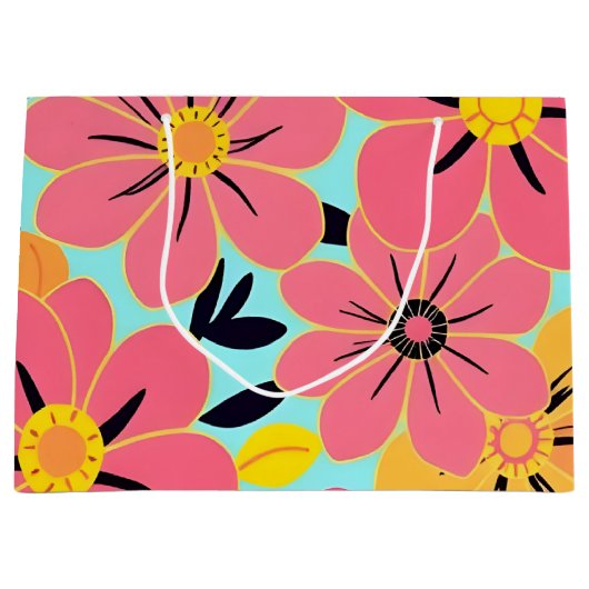 スカイブルーのピンクと黄色の花 – ドーパミンスタイル ラージペーパーバッグ (正面)
