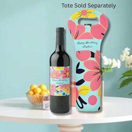 スカイブルーのピンクと黄色の花 – ドーパミンスタイル ワインラベル