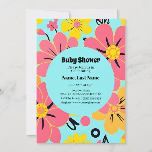 スカイブルーのピンクと黄色の花 – ドーパミンスタイル 招待状 (正面)