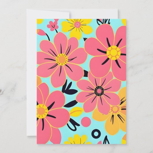 スカイブルーのピンクと黄色の花 – ドーパミンスタイル 招待状 (裏面)