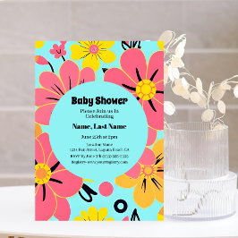 スカイブルーのピンクと黄色の花 – ドーパミンスタイル 招待状