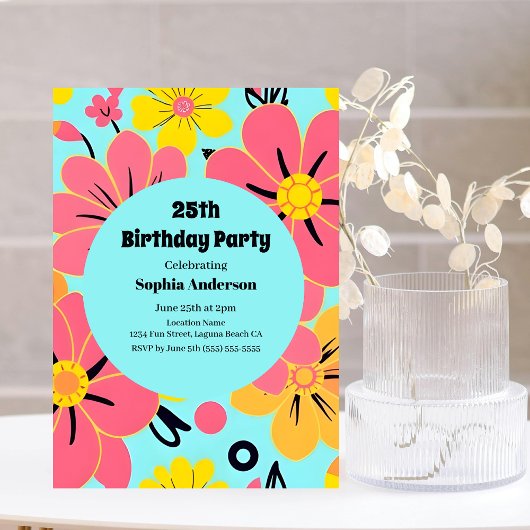 スカイブルーのピンクと黄色の花 – ドーパミンスタイル 招待状