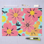 スカイブルーのピンクと黄色の花 – ドーパミンスタイル 薄葉紙 (クラフト)