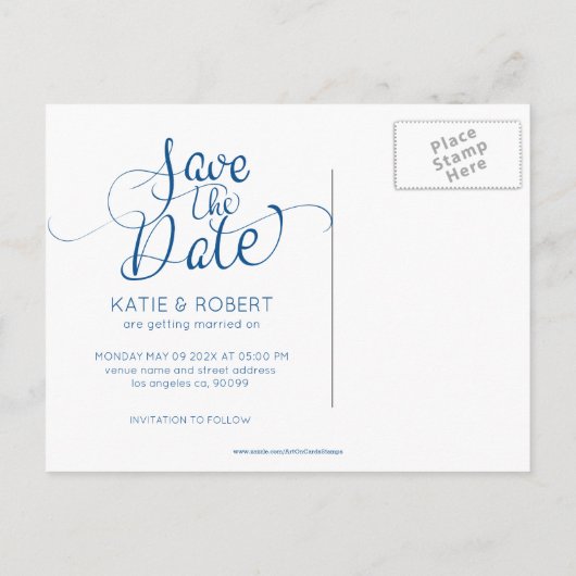 スカイブルーのブラシストローク日付を保存タイポグラフィ 案内ポストカード (裏面)