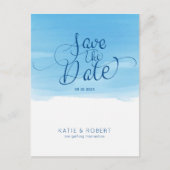 スカイブルーのブラシストローク日付を保存タイポグラフィ 案内ポストカード (正面)