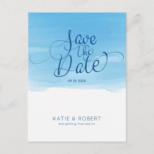 スカイブルーのブラシストローク日付を保存タイポグラフィ 案内ポストカード (正面)
