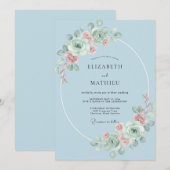 スカイブルーのロマンティックな結婚式の花 招待状 (正面/裏面)