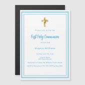 スカイブルーの白い男の子ファースト・ホリー・コミュニオン マグネット招待状 (正面/裏面)