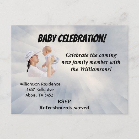 スカイブルーの背景を持つベビーシャワー招待状 案内ポストカード (正面)