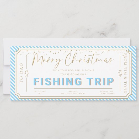 スカイブルーの釣り旅行クリスマスギフトバウチャーカード 招待状 (正面)