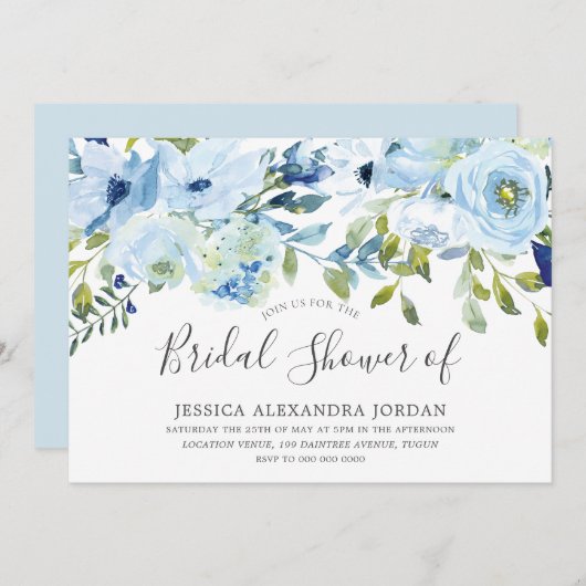 スカイブルーウォーターカラーフラワーズブライダルシャワー 招待状 (正面/裏面)