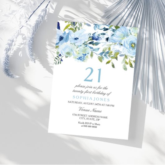 スカイブルーウォーターカラーフラワーズ21st誕生日パーティー 招待状